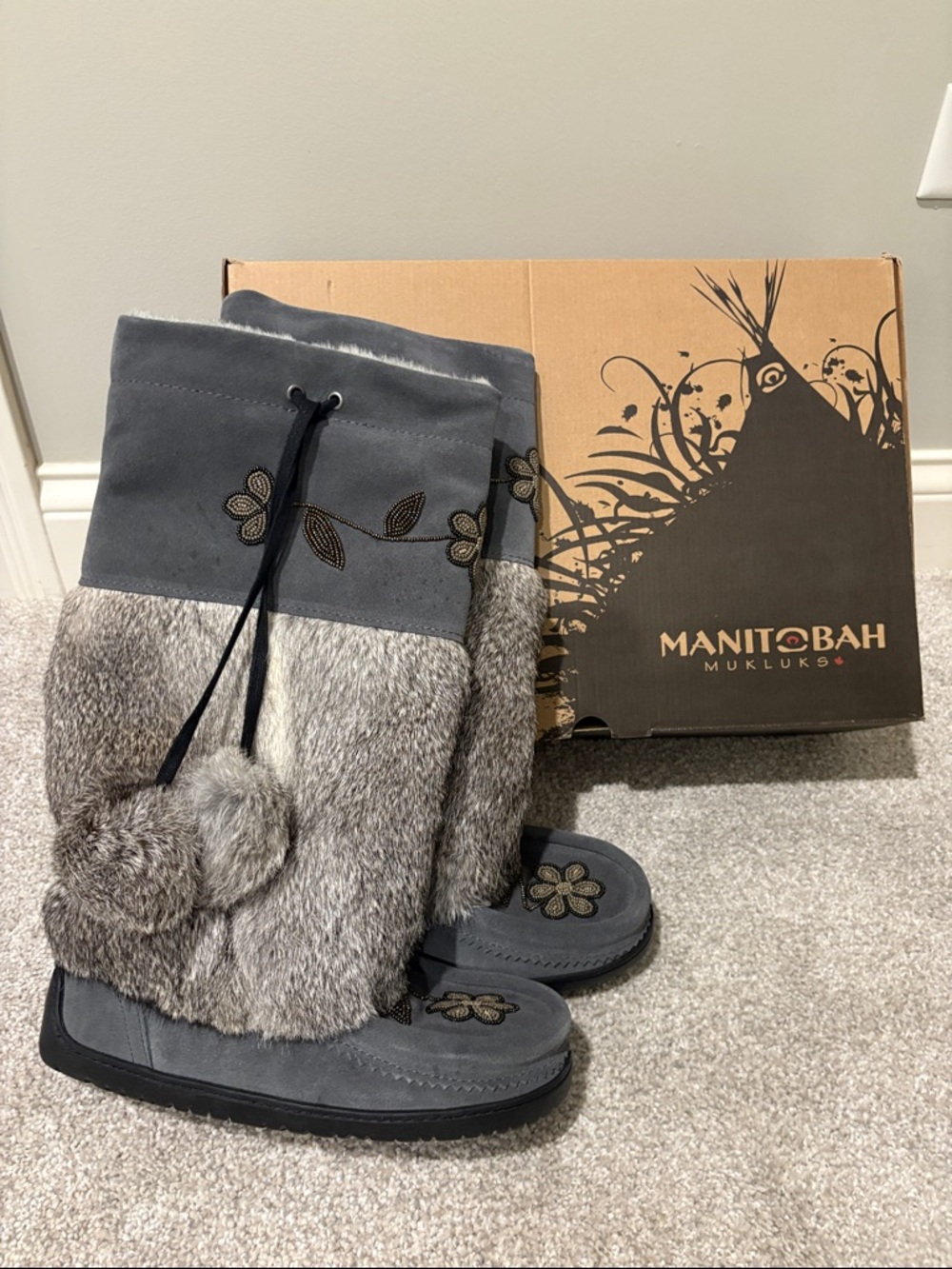 Manitobah Women's Gray Fur Winter Mukluks - Pom Pom Detail